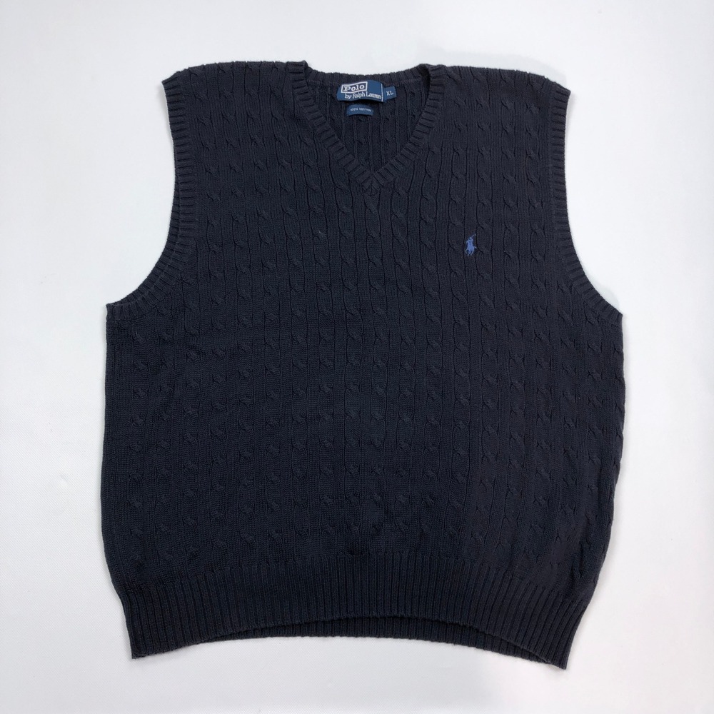 Vintage Polo Ralph Lauren Men XL Navy Blue Cable Knit Cotton V-Neck Sweater Vest